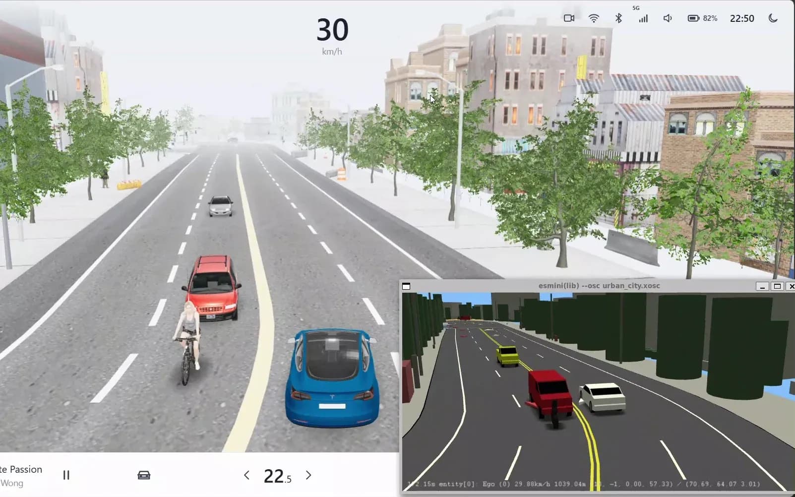 HMI Simulator: the driver display on a city street at 30 km/h beside the esmini window running urban_city.xosc (recorded session)