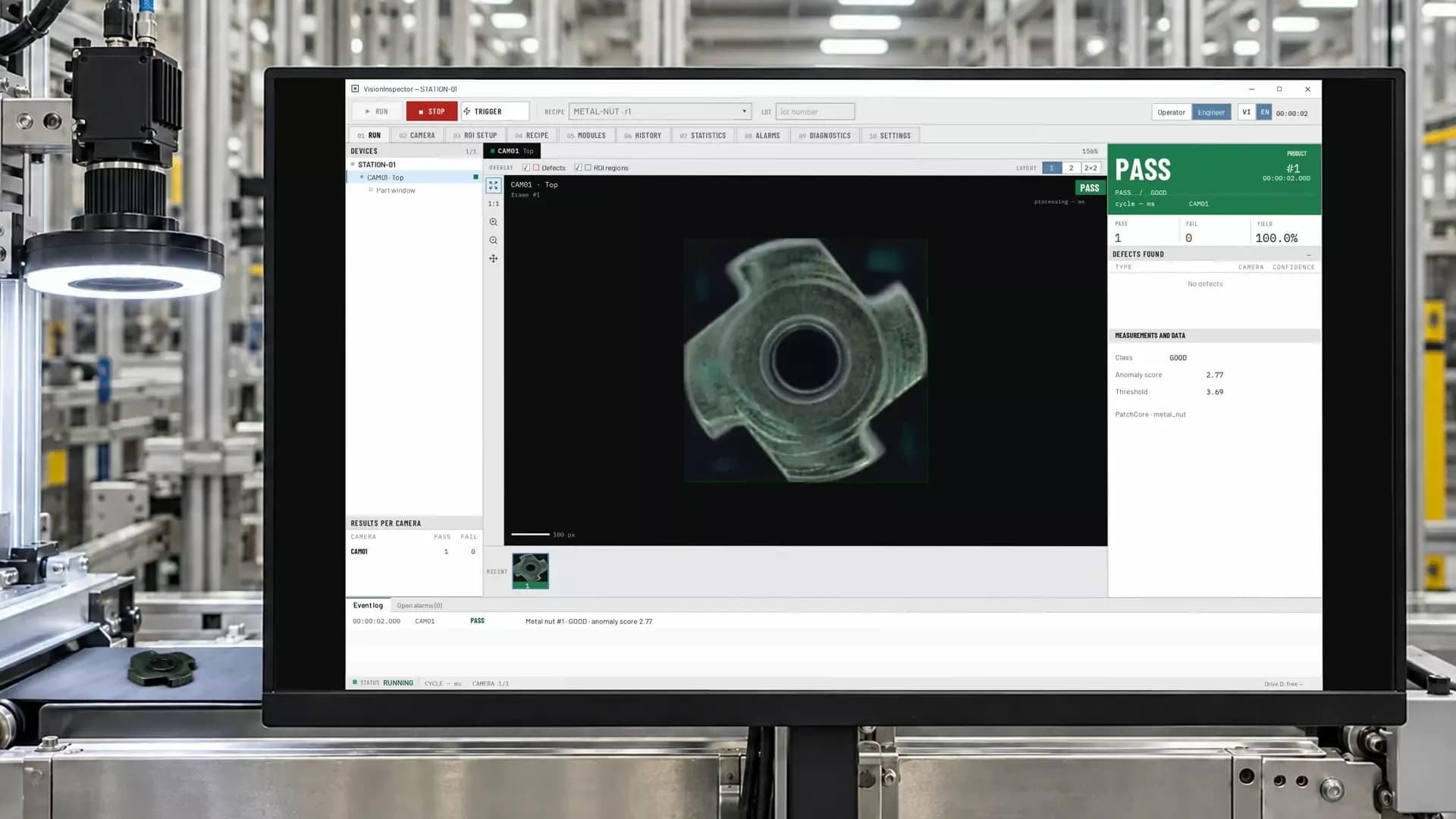 Vision Inspector station presentation — composited scene from the supplied product video
